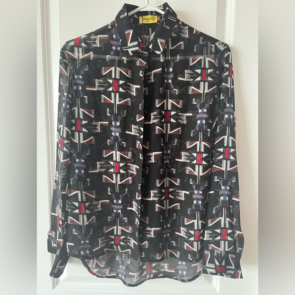 Miss C London Geometric Tribal Print Sheer Button Down Shirt Size: S
